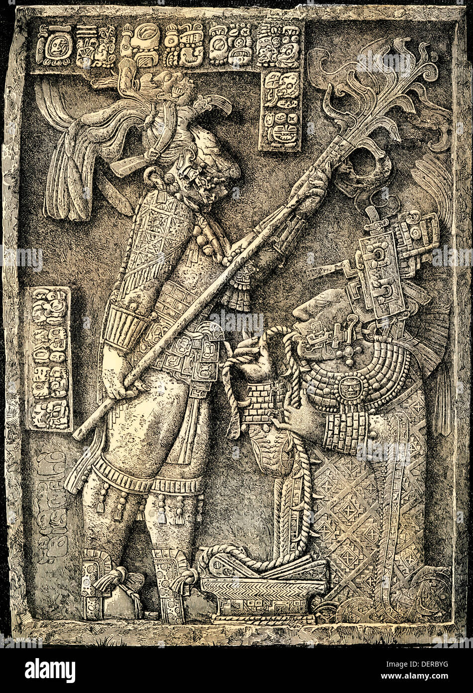 Bas-relief maya de dame Xoc tirant une corde à travers sa langue, s'agenouillant devant Shield Jaguar, Yaxchilan. À la main, gravure sur bois Banque D'Images