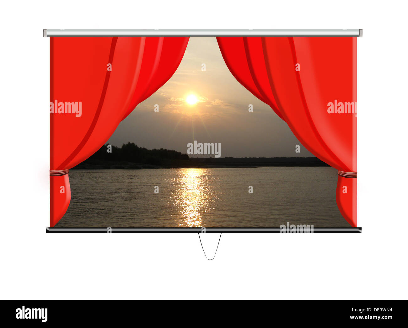 Belle écran blanc avec des rideaux rouges et Paysage du soir Banque D'Images