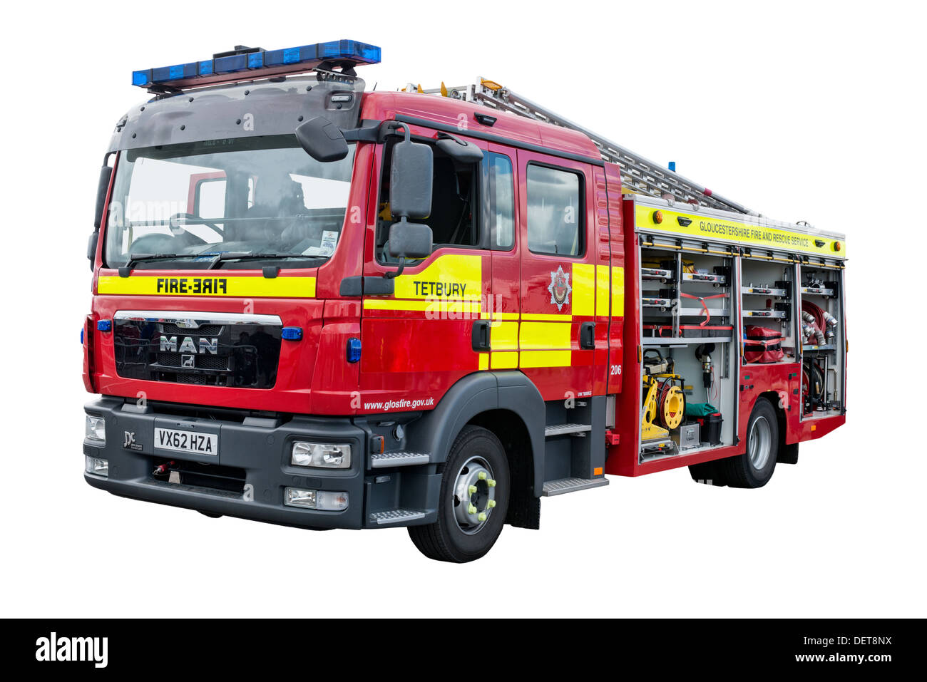 Une coupe d'un moteur utilisé par le feu à l'homme de la station Tetbury Gloucestershire fire brigade, UK Banque D'Images