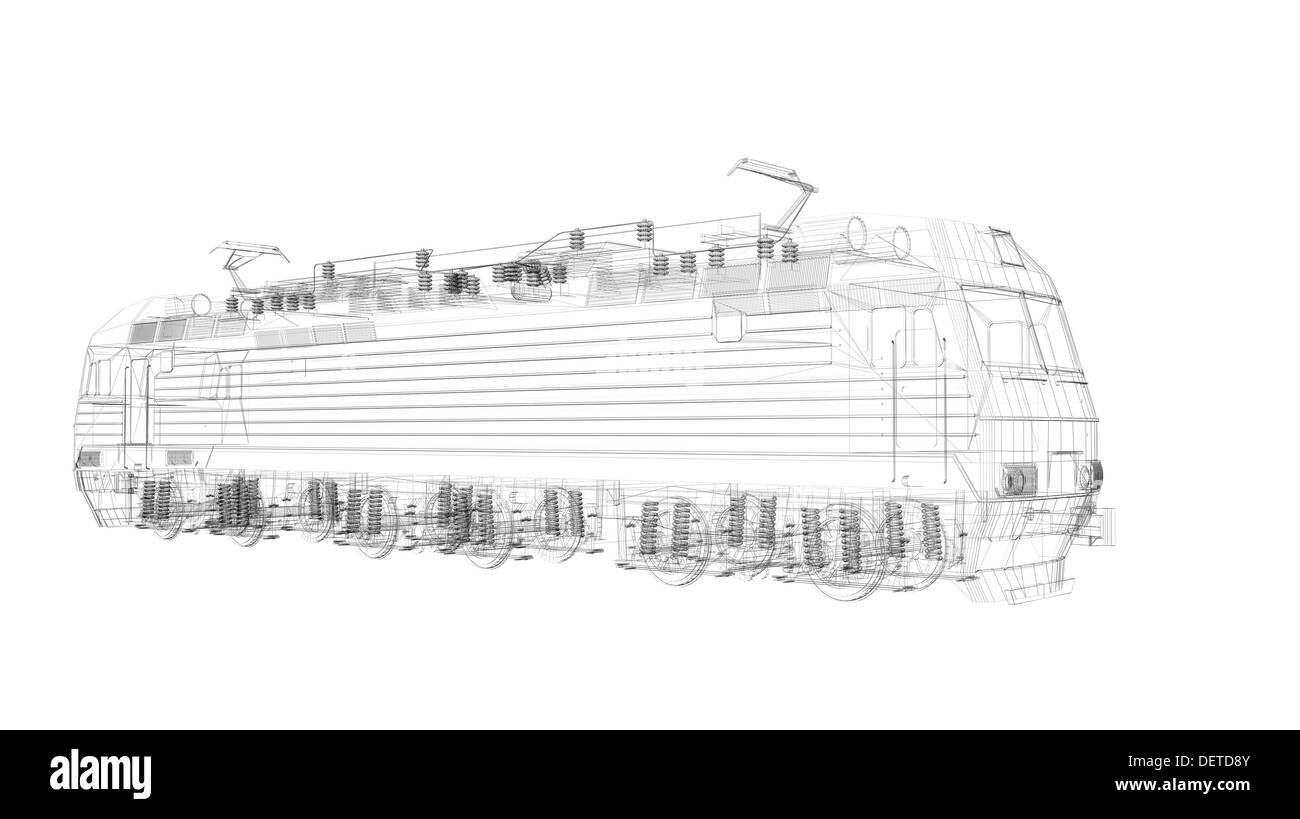Fil de fer 3d Modèle de locomotive isolé sur fond blanc Banque D'Images