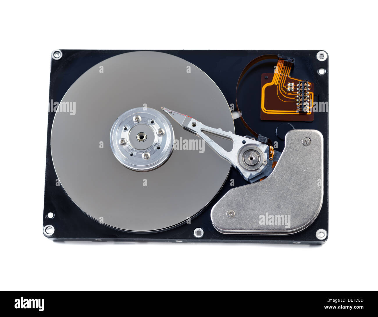 Véritable disque dur ouvert isolé sur fond blanc Banque D'Images
