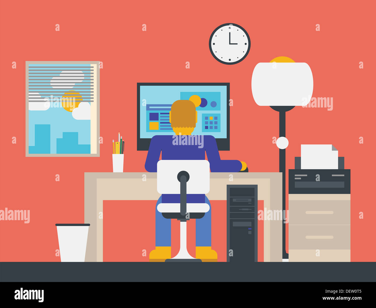 Élégant design plat vector illustration de manager le travail avec ordinateur dans l'espace de bureau moderne. Banque D'Images