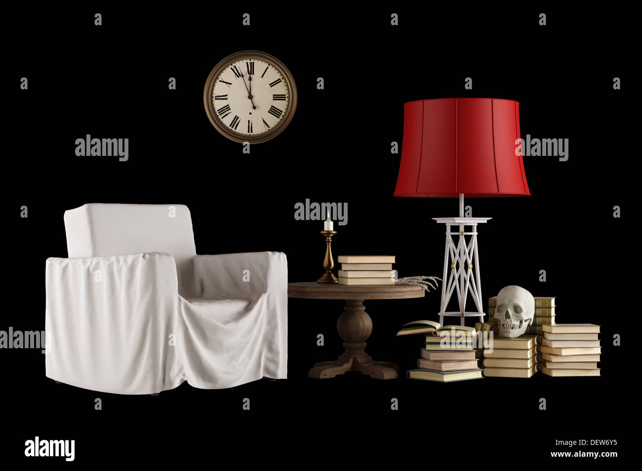 Fauteuil recouvert d'une feuille, de vieux livres, du crâne et des bougies lampe ,isolé sur le rendu - noir Banque D'Images