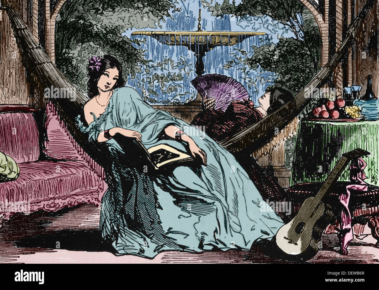 L'Amérique. Le Pérou. Dame à la maison à Lima c. 1840. La gravure. De couleur. Banque D'Images