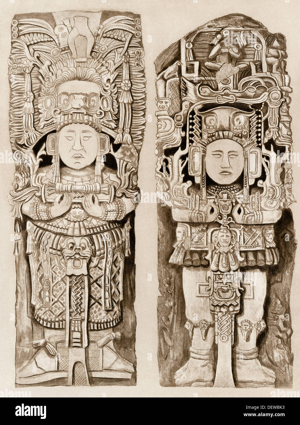 Statues de l'obélisque ruines Maya de Copan, Honduras. Photogravure Banque D'Images