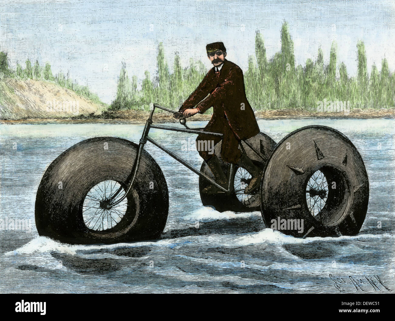 Tricycle amphibie qui a utilisé les pneus en caoutchouc gonflés, France,  1890. À la main, gravure sur bois Photo Stock - Alamy