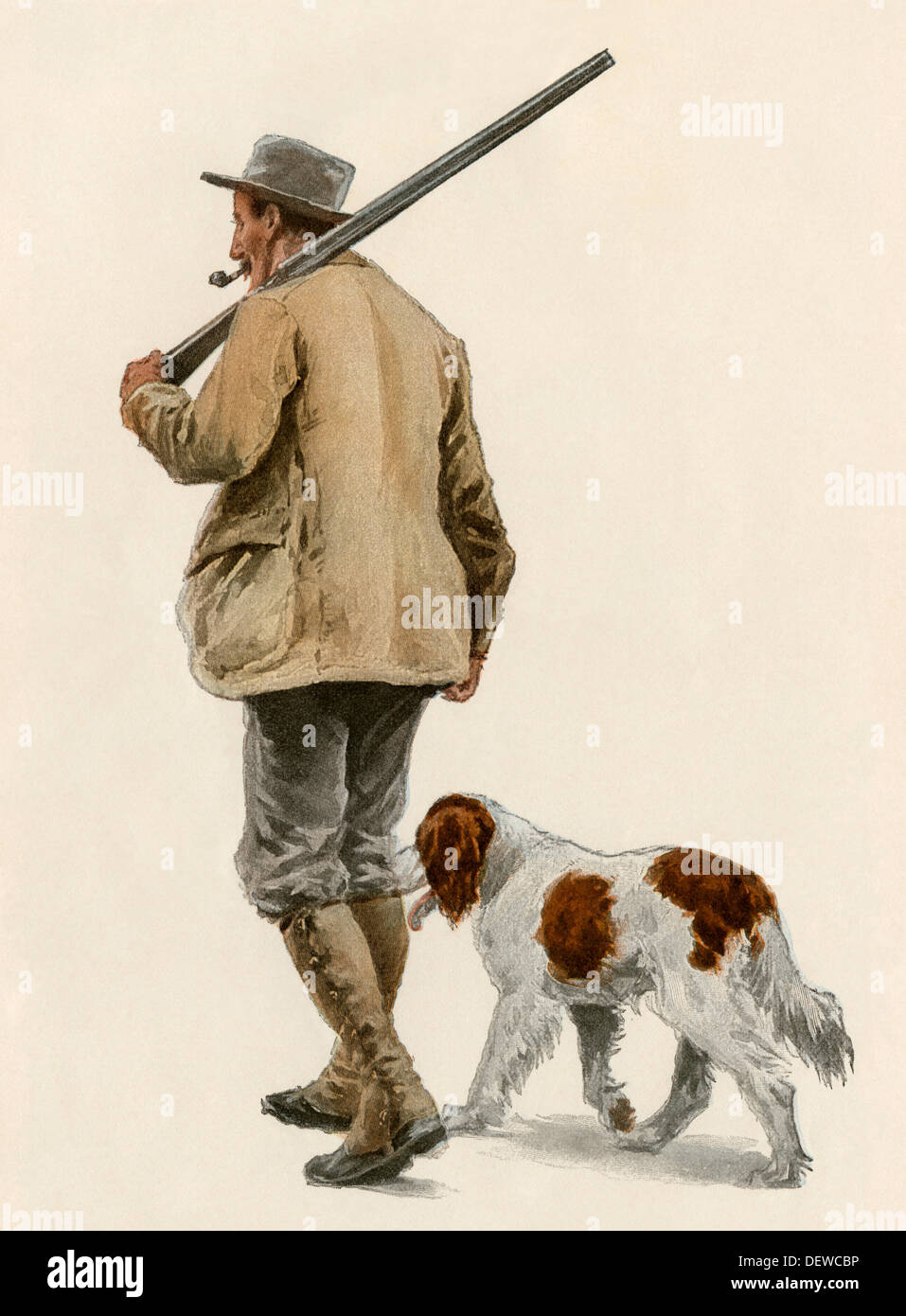 Chasseur de canard avec son chien, vers 1900. Lithographie en couleur d'un A.B. Frost illustration Banque D'Images