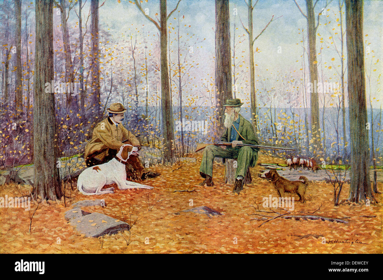 Jeunes et moins jeunes sportifs avec leurs chiens d'oiseaux à l'automne bois, vers 1900. Lithographie en couleur d'un A.B. Frost illustration Banque D'Images