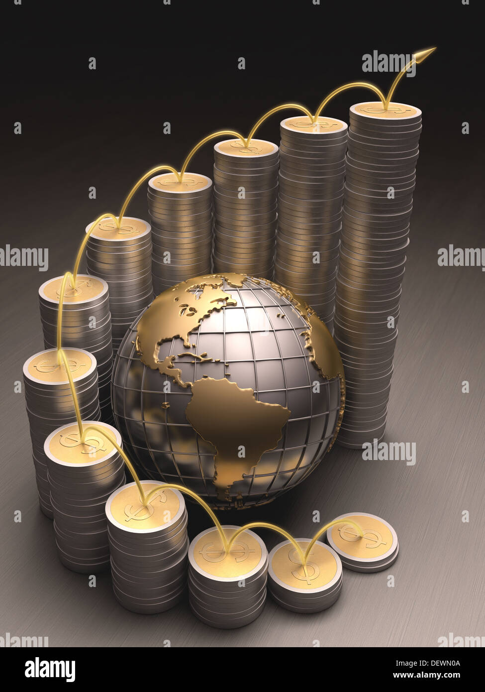 Globe entouré de pièces d'or et d'argent fait ​​Of formant une courbe à la hausse. Banque D'Images