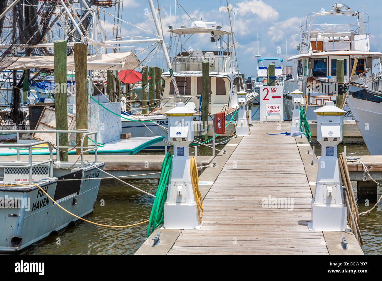 Panneau près de bateau de crevettes Crevettes montre à la vente à le port pour petits bateaux de Biloxi, Mississippi sur le golfe du Mexique Banque D'Images