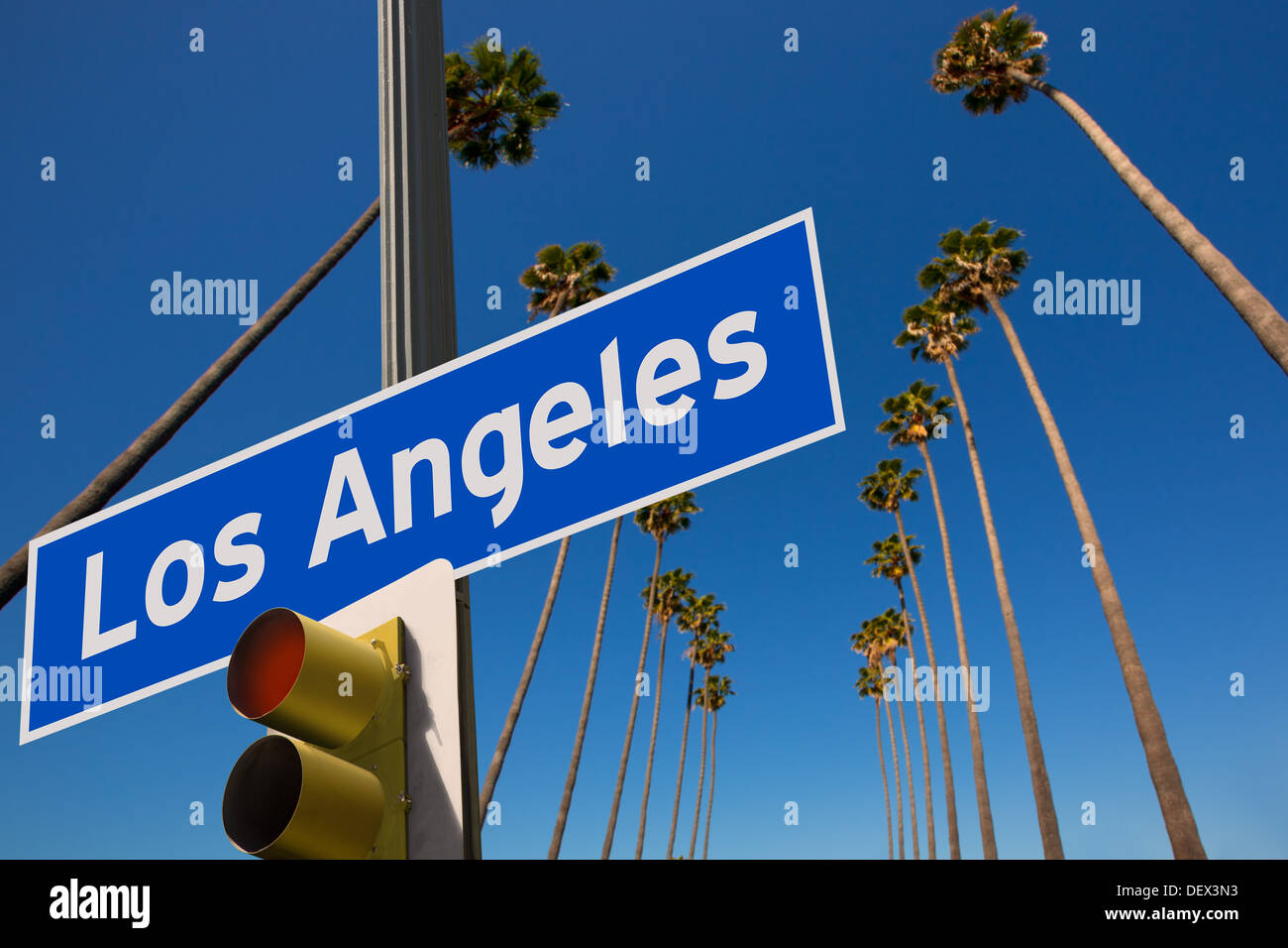 LA Los Angeles palmiers dans une rangée avec la Californie typique road mount signe photo Banque D'Images