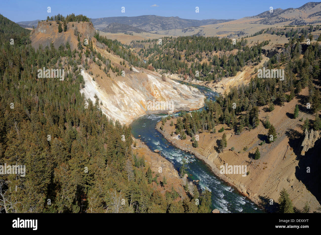 Les ressorts de la calcite et de la rivière Yellowstone, le Parc National de Yellowstone, Wyoming, USA Banque D'Images