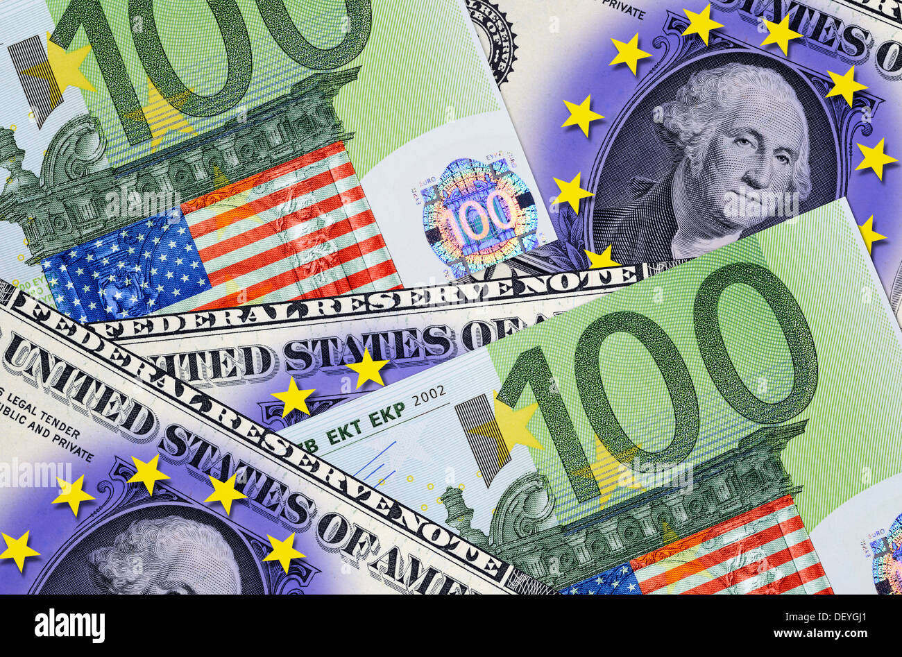 US-dollar avec les stars et eurols avec USA flag, une zone de commerce extérieur entre les USA et l'UE Banque D'Images