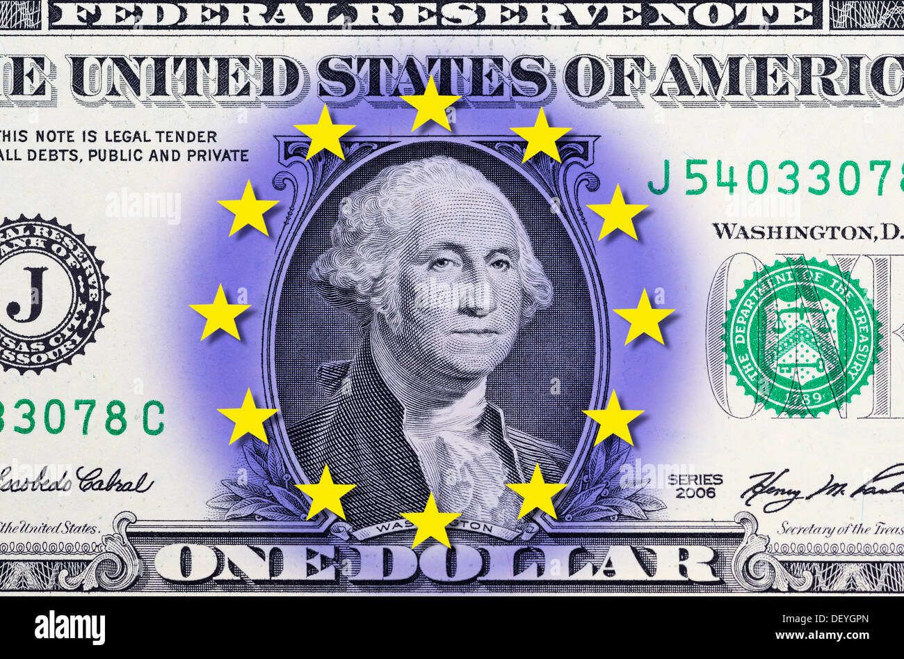 US-dollar avec les stars, photo symbolique zone de commerce extérieur entre les USA et l'UE Banque D'Images