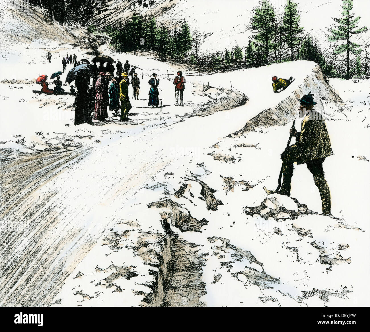 Venant de bobsleigh autour d'un virage relevé, l'État de New York, 1890. À la main, gravure sur bois, d'une photographie Banque D'Images