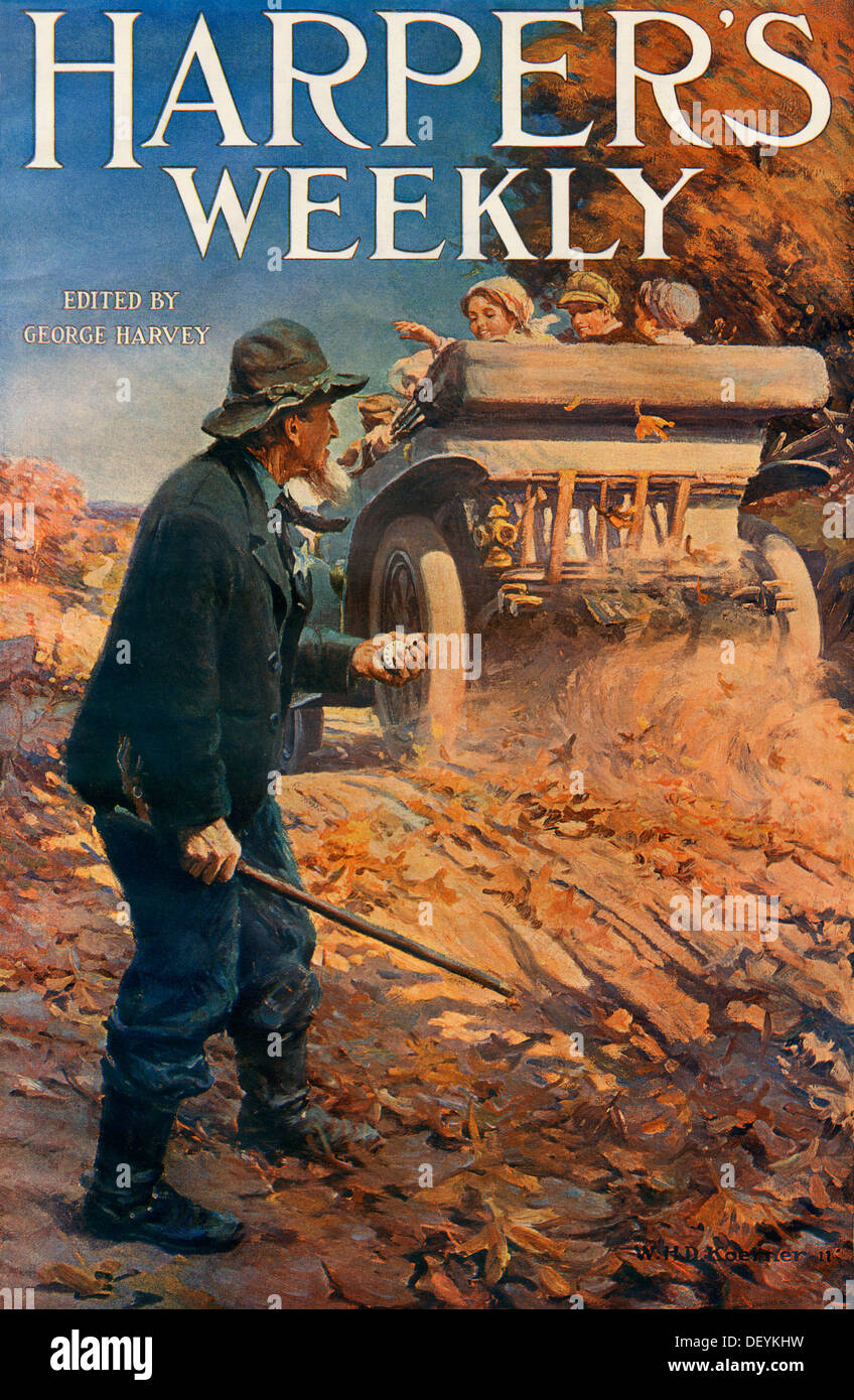 Jeune société de personnes dans une automobile en passant d'un piéton, 1911. L'impression couleur d'une illustration de demi-teinte Banque D'Images