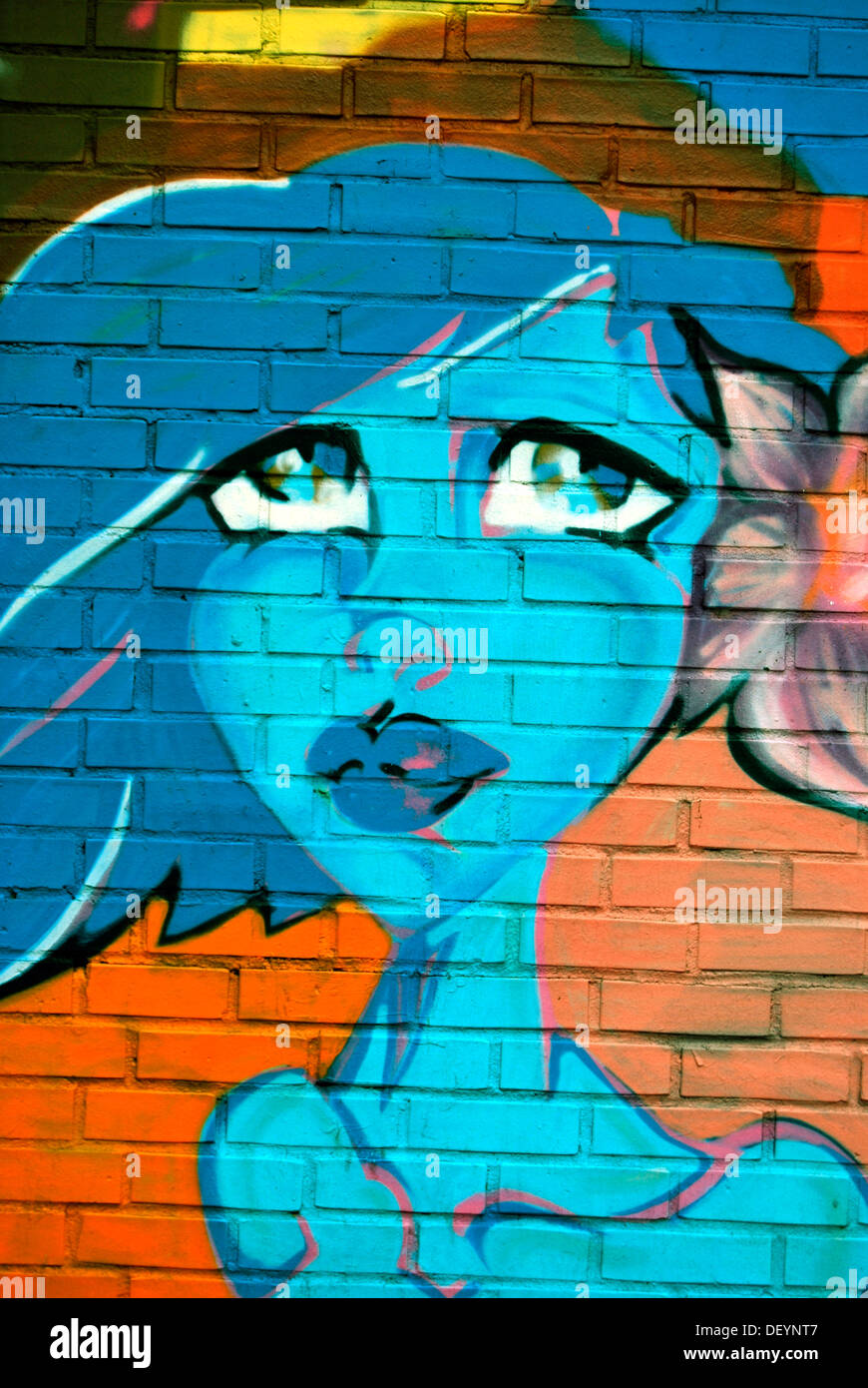 Femme avec une fleur dans ses cheveux, graffiti Banque D'Images