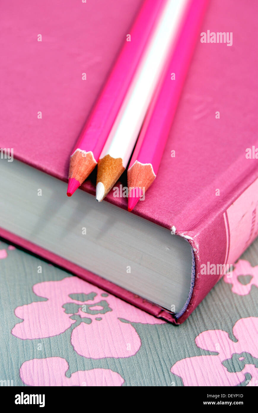 Livre rose avec des stylos, sur floral design Banque D'Images