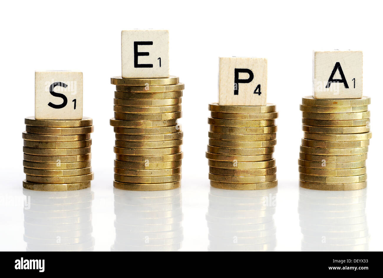 Course de SEPA sur pièces, procédures SEPA monétaire, SEPA-Schriftzug auf Geldmünzen, SEPA-Verfahren Banque D'Images