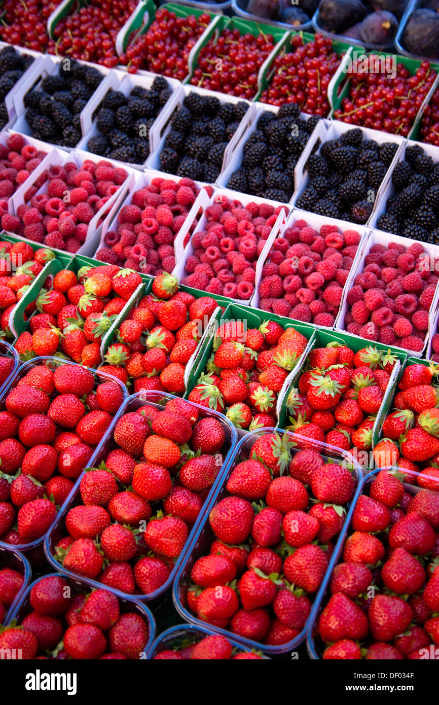 Divers types de fruits, affichée à l'food market, à Sault, Vaucluse, Provence, France, Europe Banque D'Images