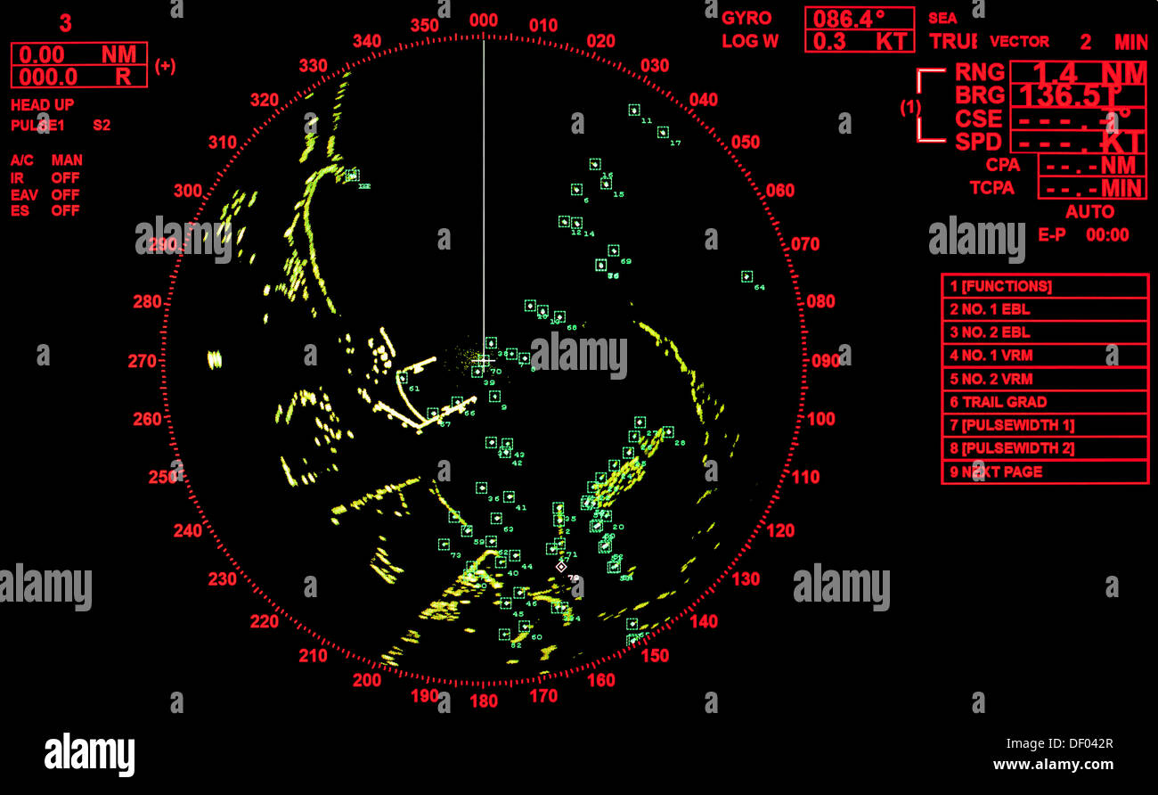 Noir et rouge de l'écran radar des navires modernes avec carte ronde et les étiquettes de texte standard Banque D'Images