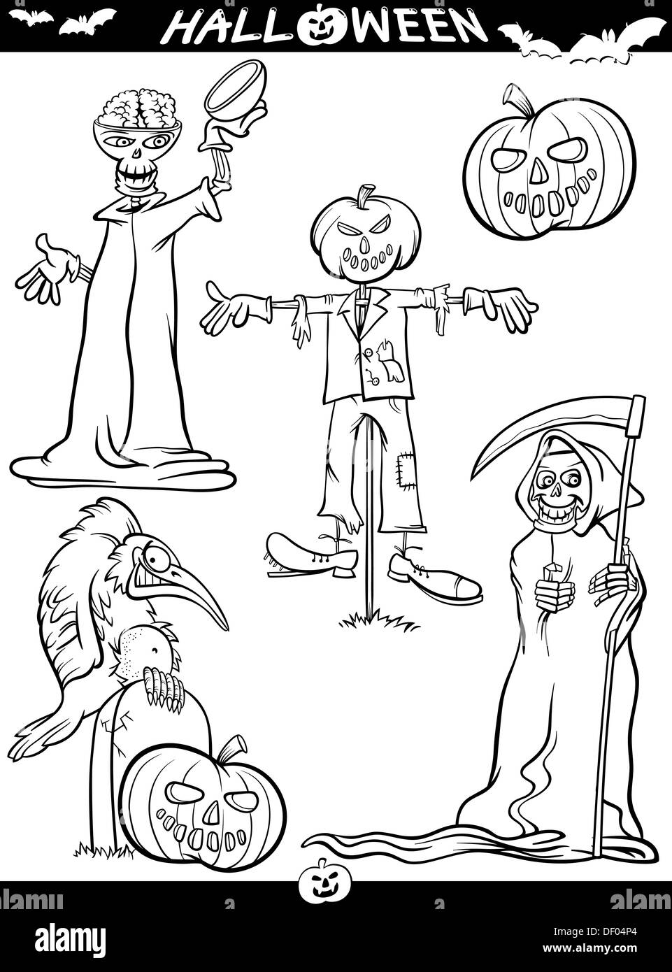 Cartoon Illustration de thèmes Halloween noir et blanc à colorier pour définir ou Page Banque D'Images