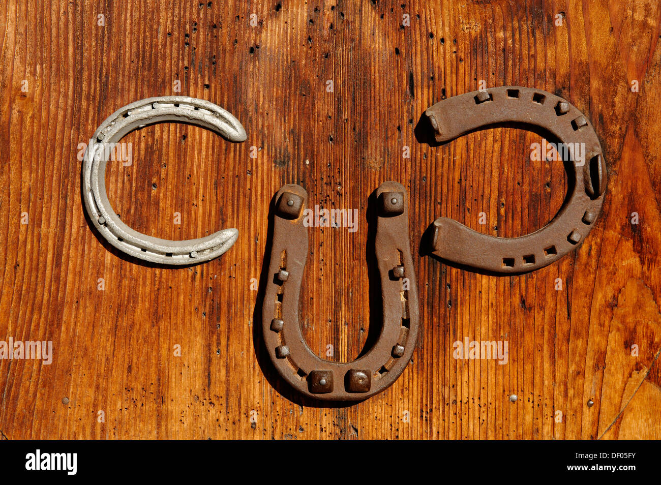 Three horseshoes attaché à la porte de la Hutte Elmauer, près de Mittenwald, Werdenfelser Land, Upper Bavaria, Bavaria, Germany Banque D'Images