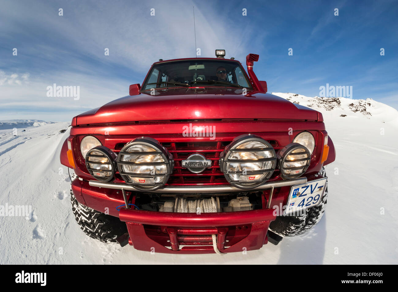 Super Jeep dans un paysage d'hiver, Glacier Vatnajoekull, hautes terres d'Islande, Islande, Europe Banque D'Images