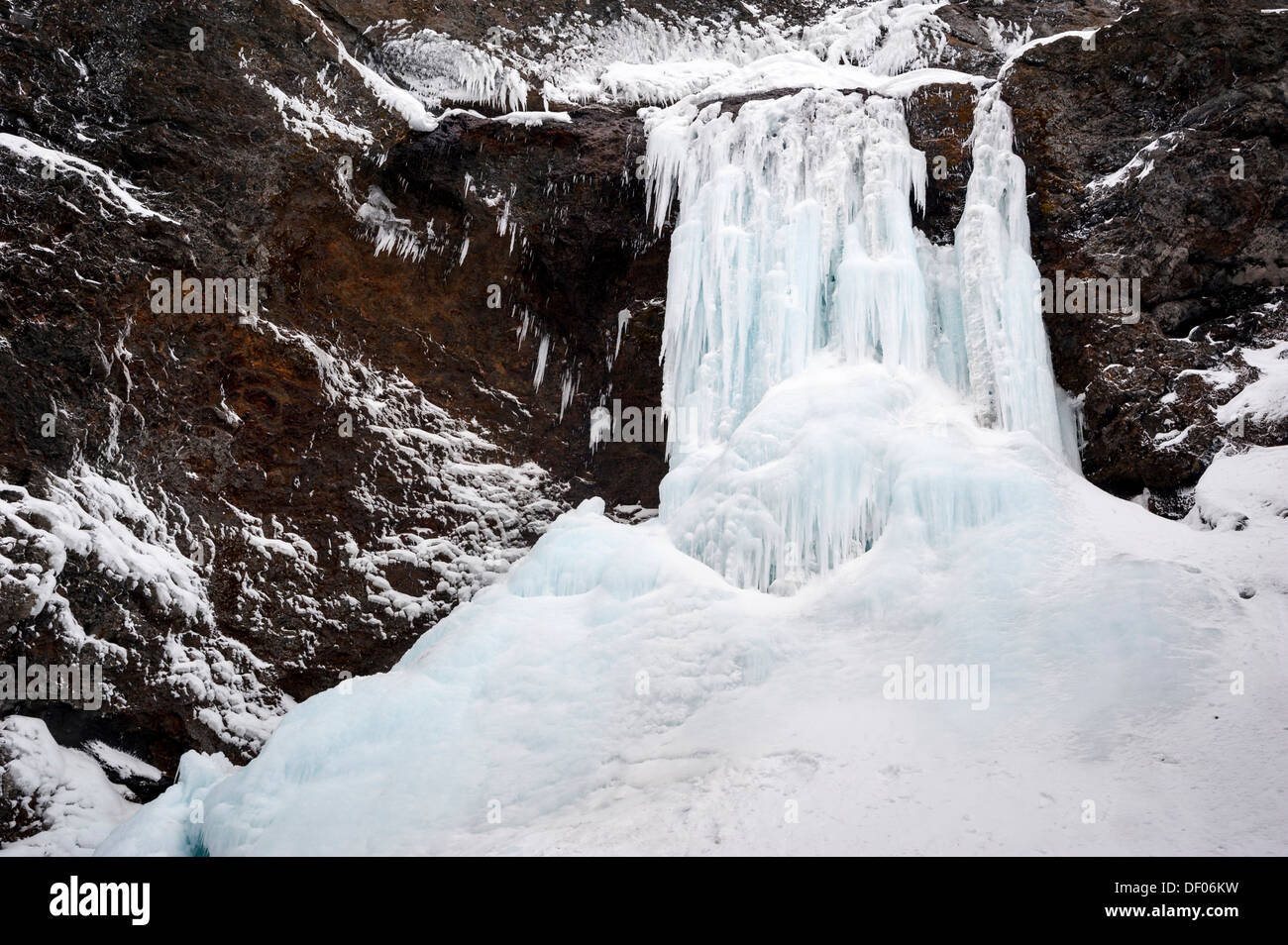 Cascade de glace, Dekagil, à proximité du volcan Askja, hautes terres d'Islande, Islande, Europe Banque D'Images