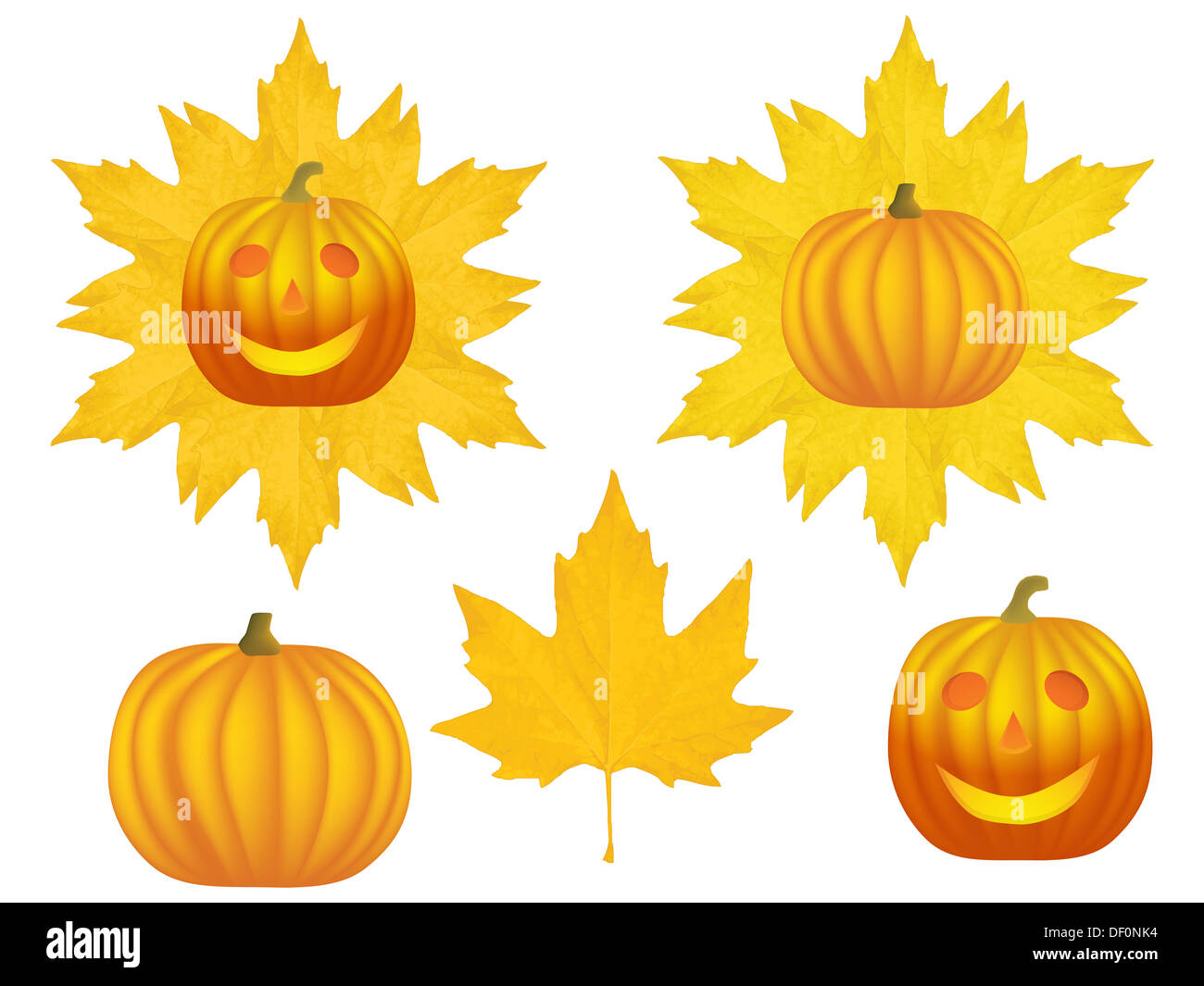 Jeu d'Halloween avec des citrouilles et feuilles d'érable Banque D'Images