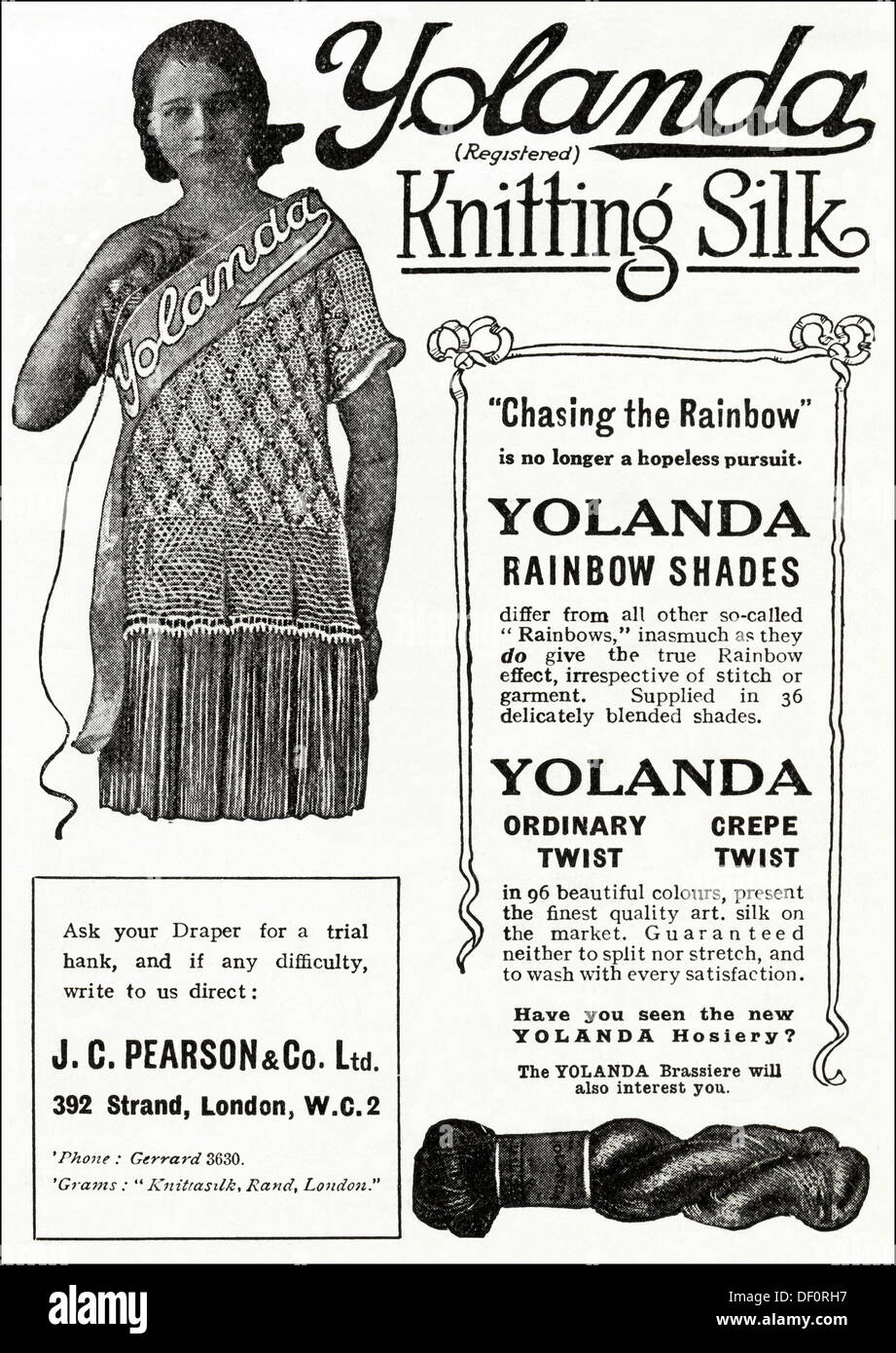 Publicité Publicité originale des années 1920 en soie TRICOT YOLANDA, revues de consommateurs annonce vers 1924 Banque D'Images