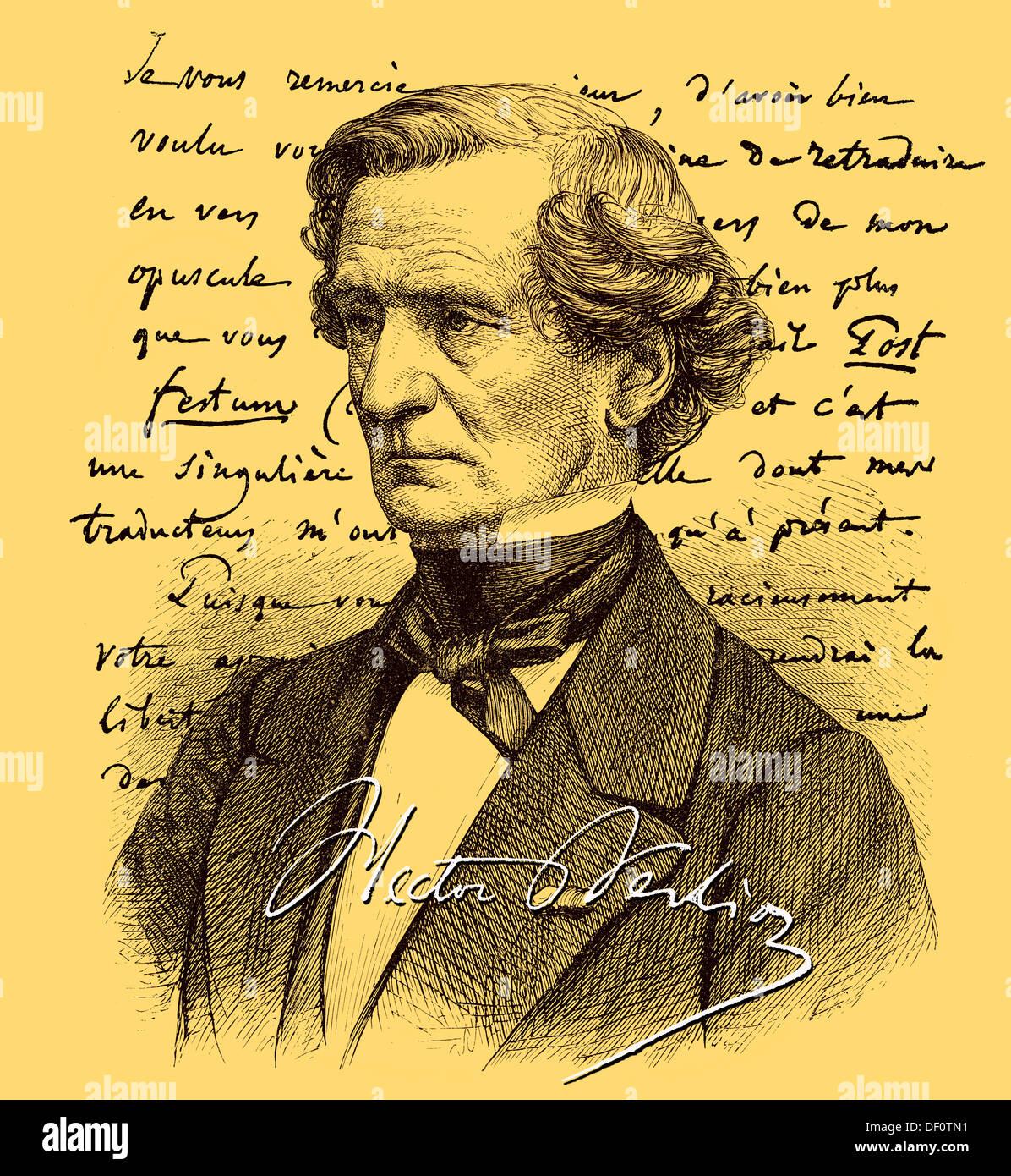 Texte écrit à la main et portrait de Louis Hector Berlioz Banque D'Images