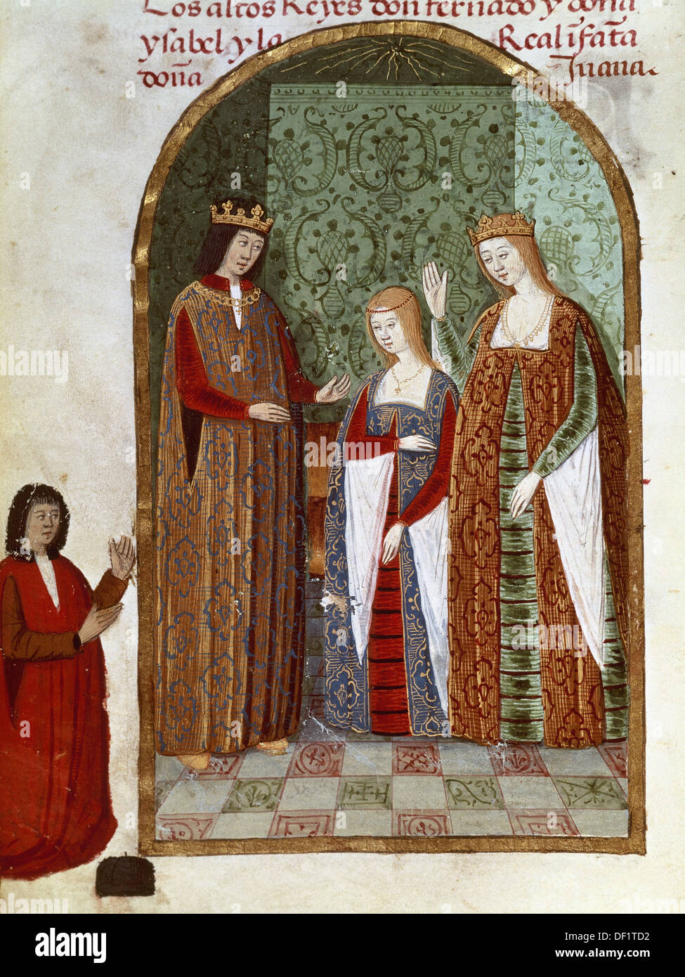 Isabelle I de Castille (1451-1504), Ferdinand II d'Aragon (1452-1516) et leur fille Jeanne de Castille(1478-1555). Banque D'Images