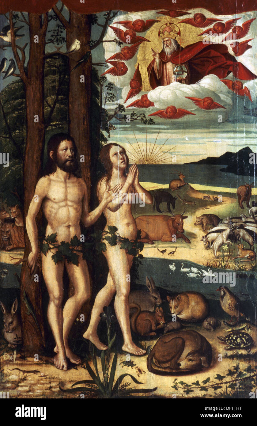 Pere Mates (1500-1558). Peintre espagnol. Retable de Santa Maria de Seguero. Détail. Adam et Eve dans le paradis. Banque D'Images