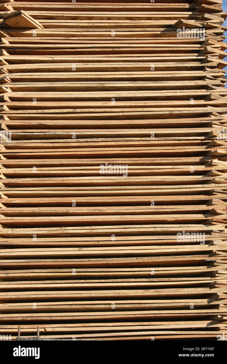 Récemment coupé du bois est empilé pour sécher à l'extérieur d'un chantier de bois et scierie à Cotacachi (Équateur) Banque D'Images