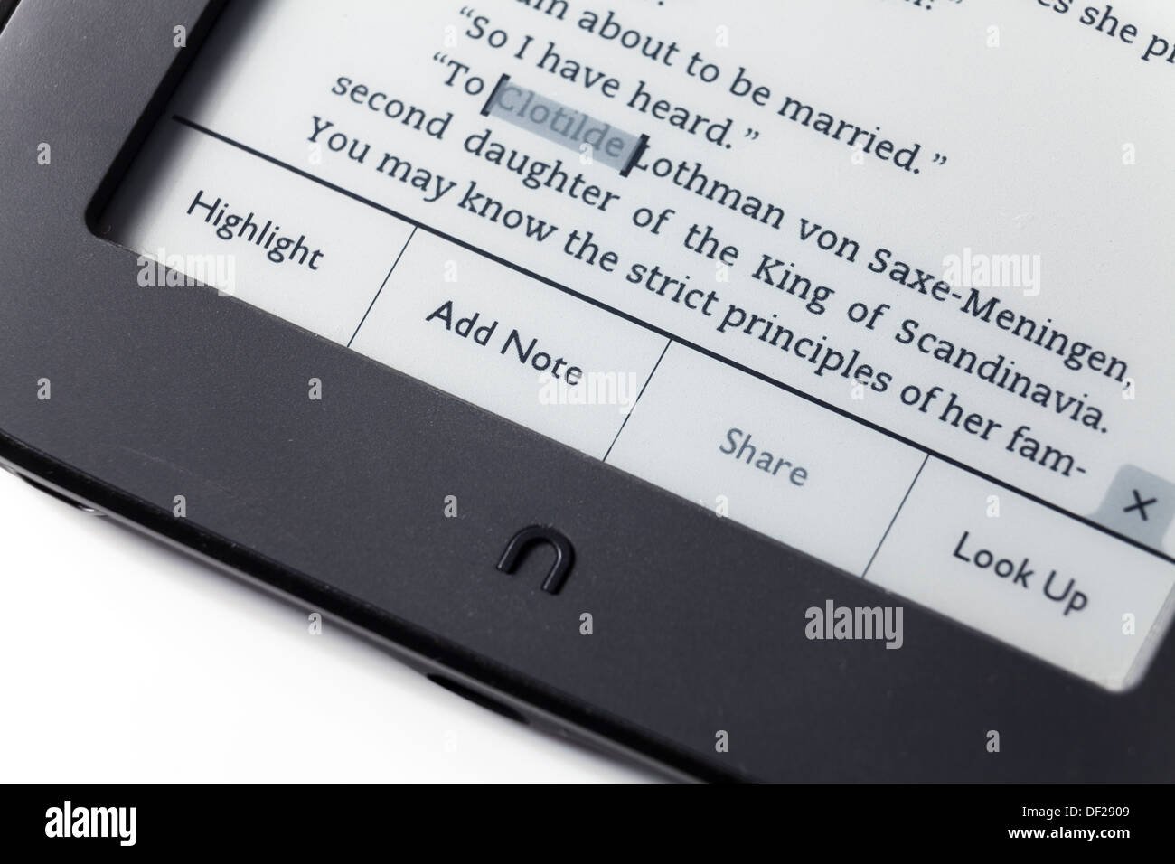 Close up mettre Ajouter note menu sur Nook EReader. Banque D'Images