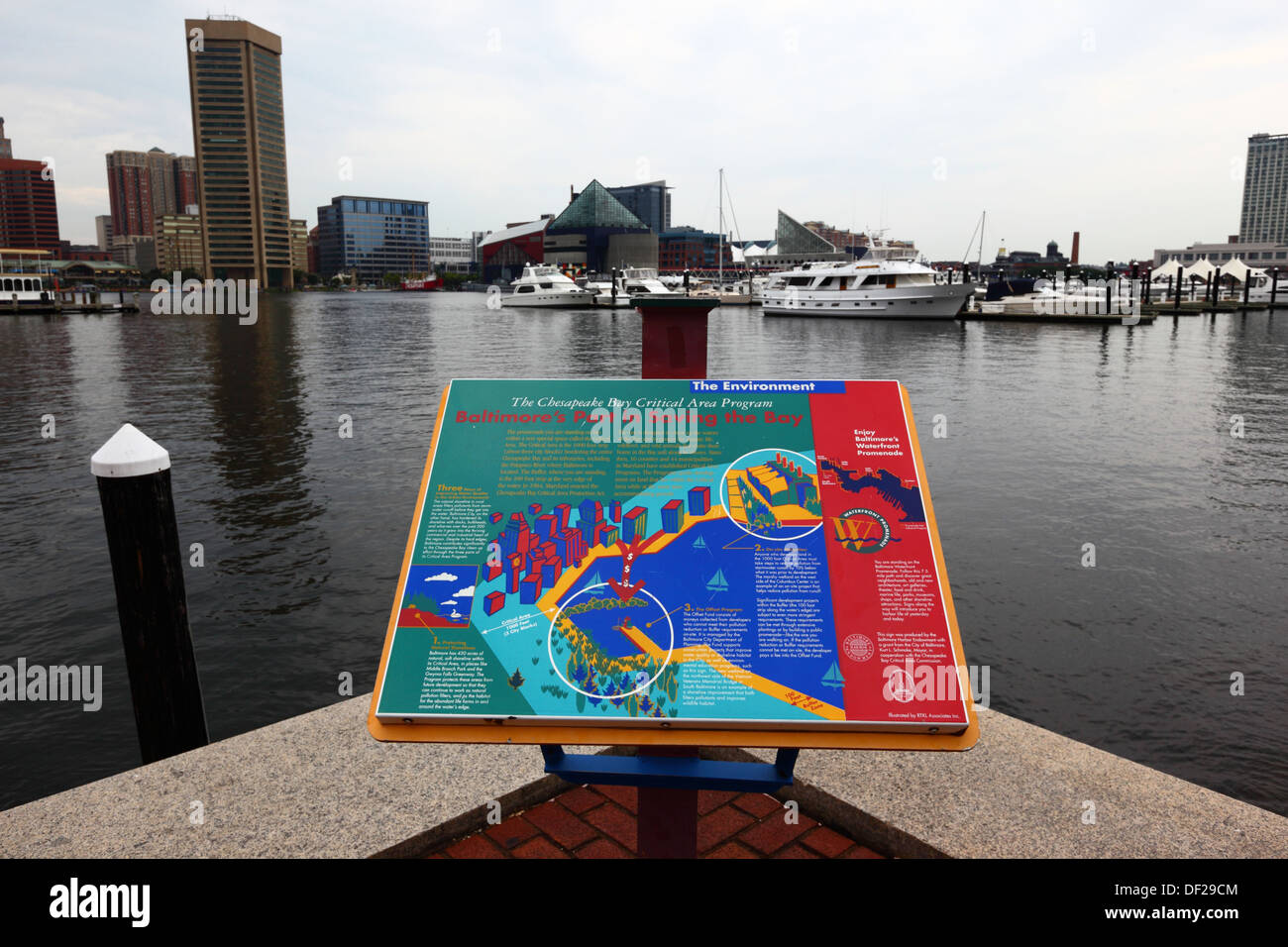 Signer décrivant le domaine critique de la baie de Chesapeake Programme d'assainissement de la baie, Inner Harbor, Baltimore, Maryland, USA Banque D'Images