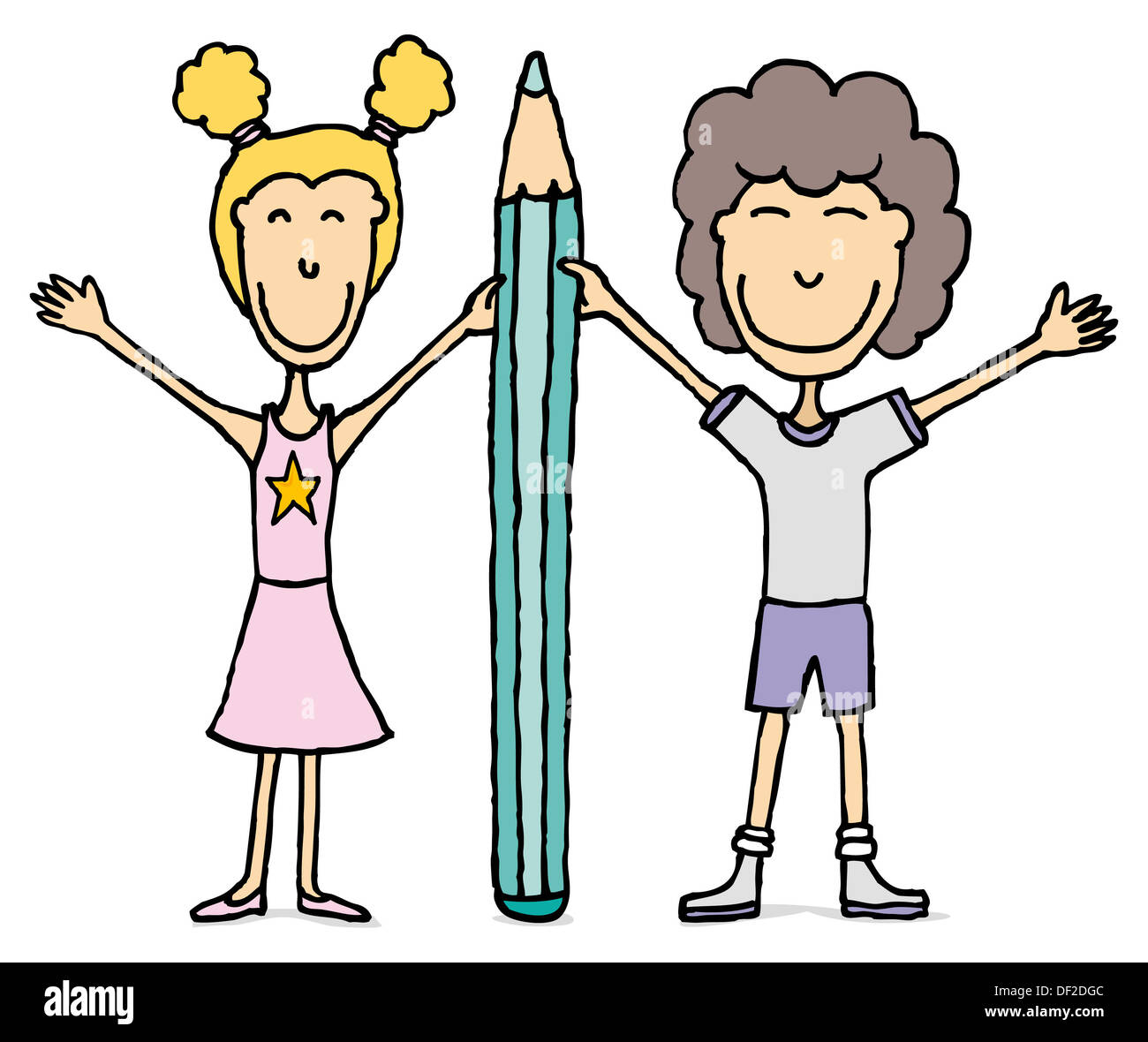 Les enfants dessin vectoriel / Boy and girl holding big crayon. Banque D'Images