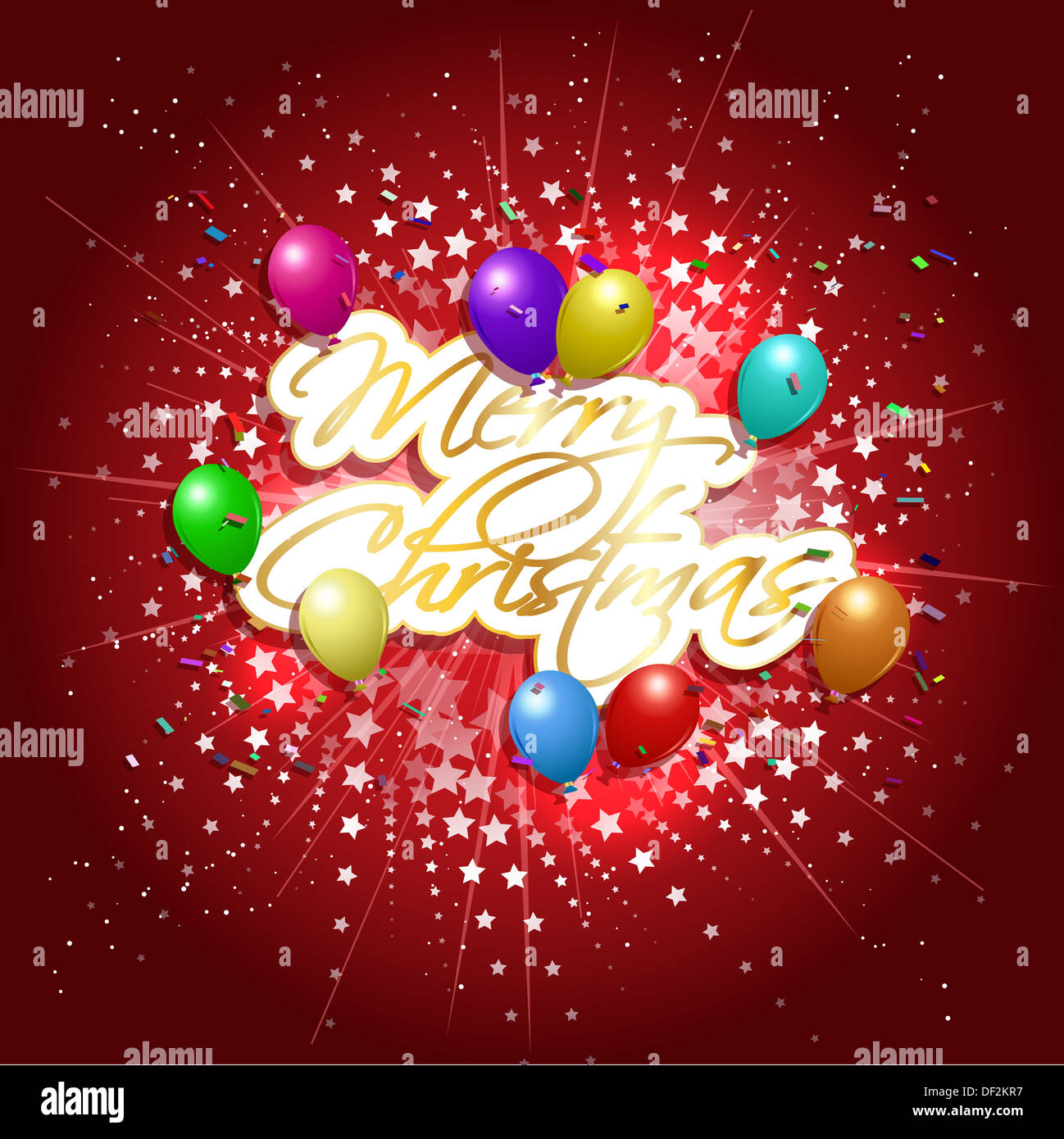 Joyeux Noël arrière-plan avec des ballons et des confettis, starburst Banque D'Images