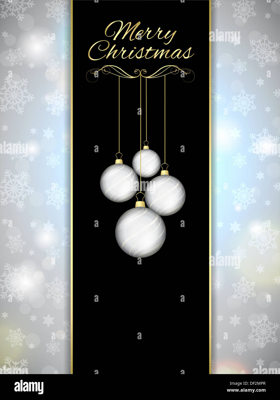 Menu de Noël avec des boules suspendues et snowflake background Banque D'Images