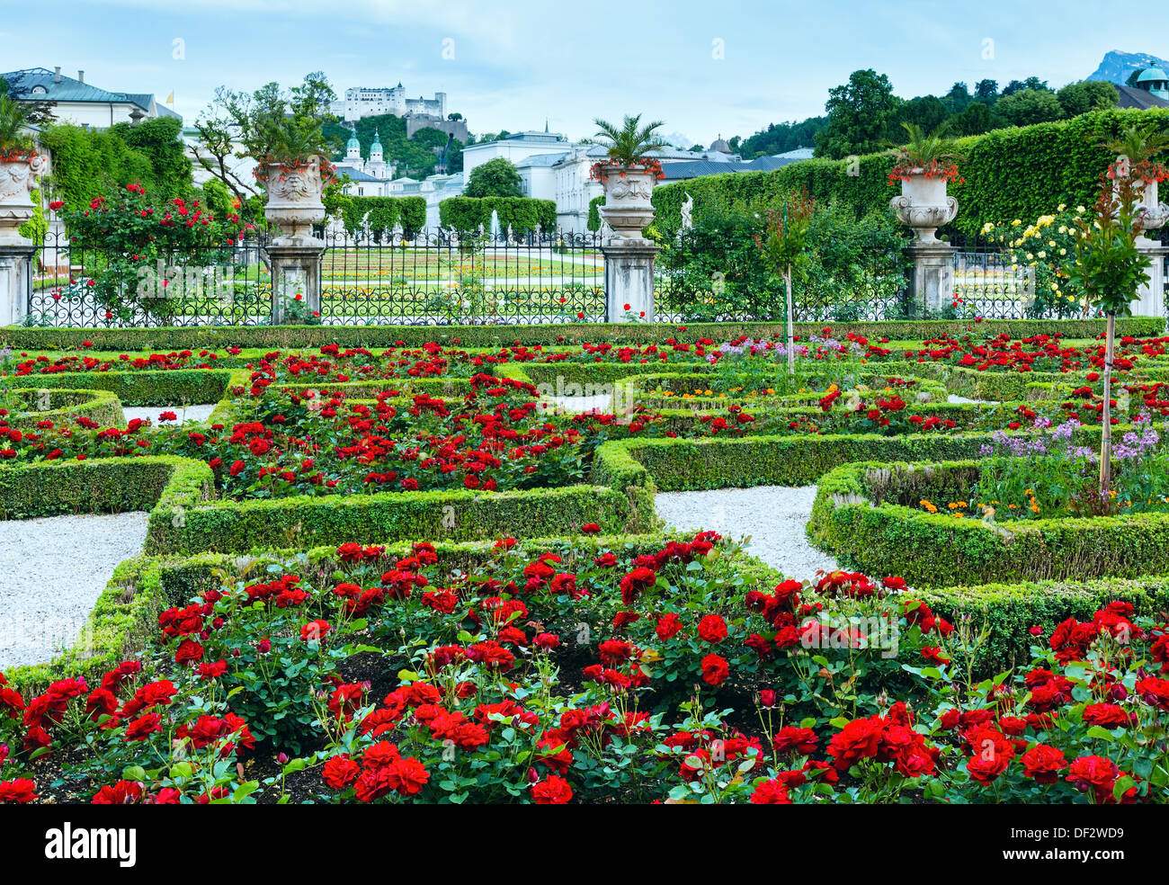 Jardins d'été de Mirabell Palace avec parterres de rose rouge et de la Forteresse Hohensalzburg derrière (Salzbourg, Autriche) Banque D'Images