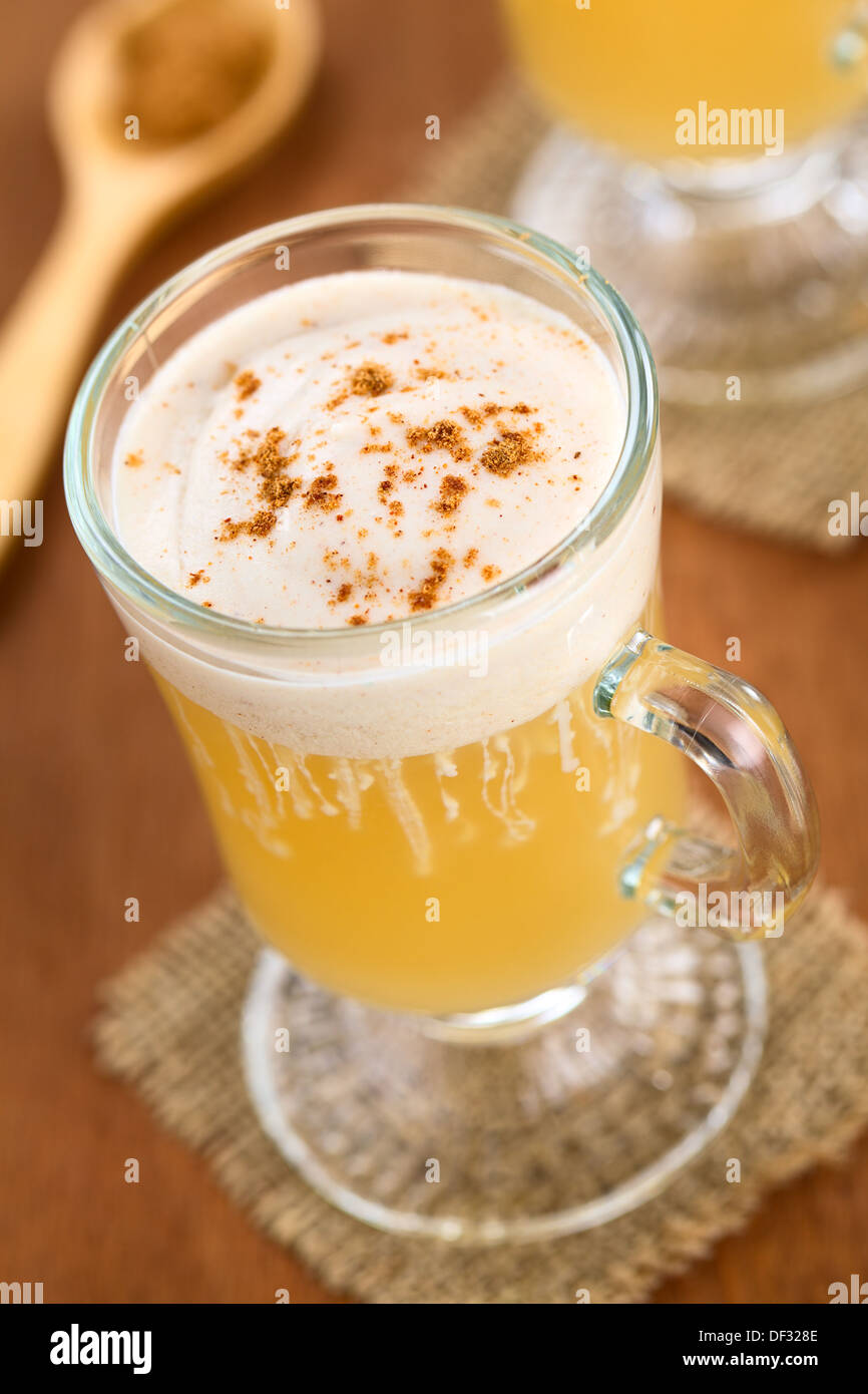 Apple fait chaud maison punch jus de pommes, de gingembre, d'anis et de la cannelle avec de la crème fouettée à la cannelle et la poudre de cannelle sur le dessus Banque D'Images