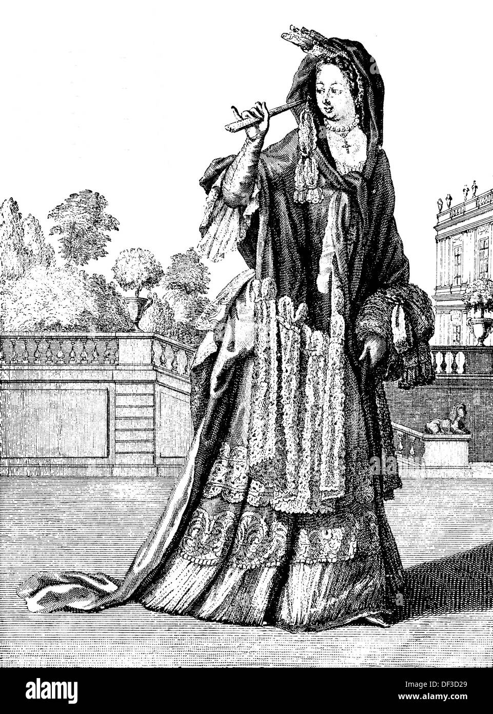 Femme chic avec une robe avec un sentier et un fontagne, mode gravure, 16e siècle Banque D'Images