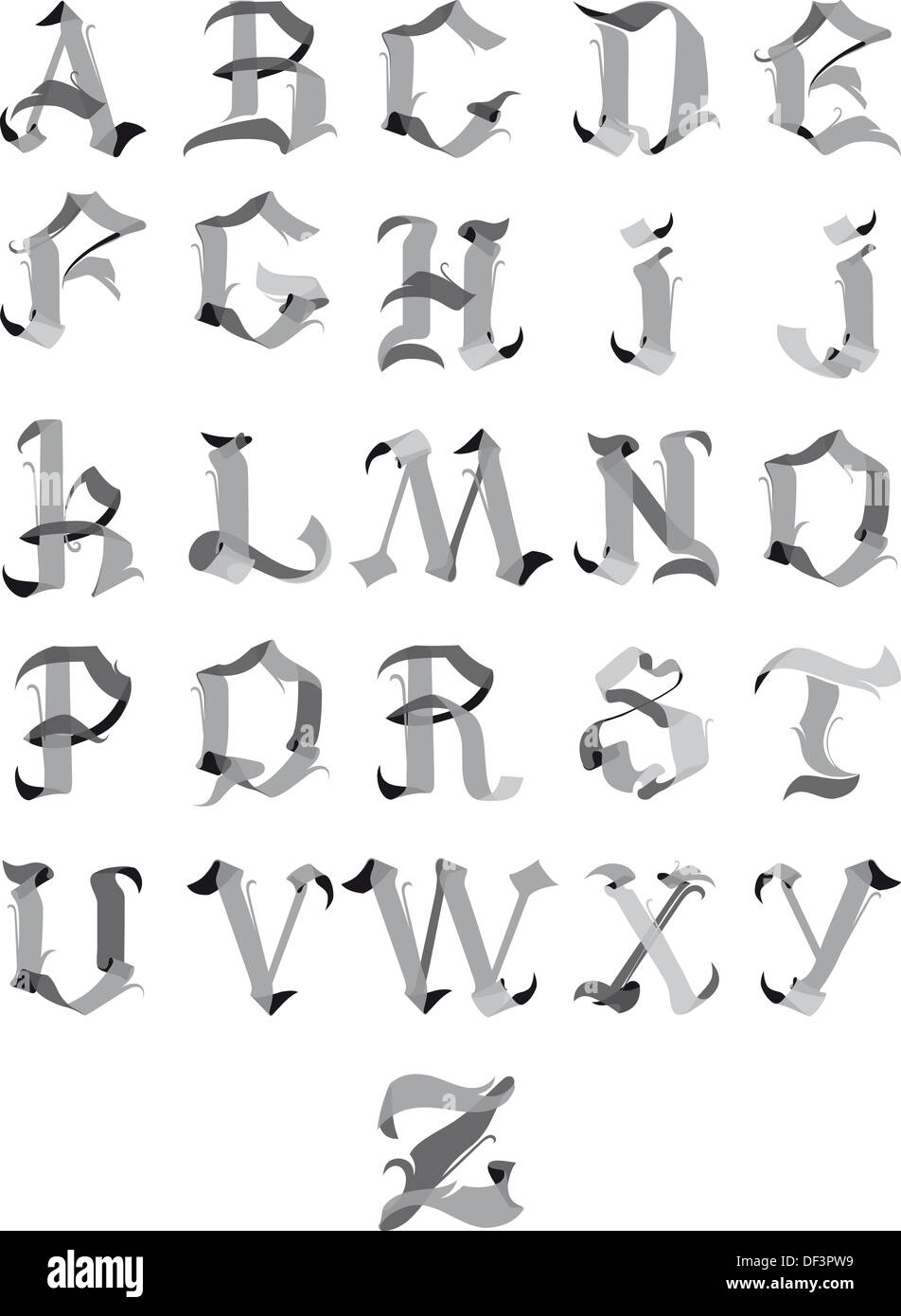 Belles Lettres Alphabet gothique comme des rubans de isolé sur fond blanc Banque D'Images