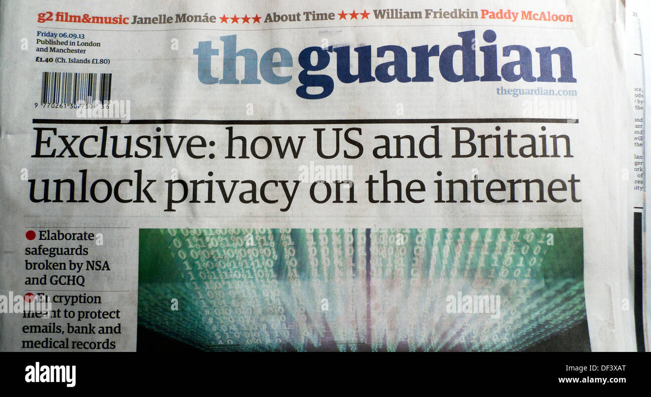 Guardian titre 'US et la Grande-Bretagne déverrouiller la vie privée sur Internet' London England UK 6 Septembre 2013 Banque D'Images
