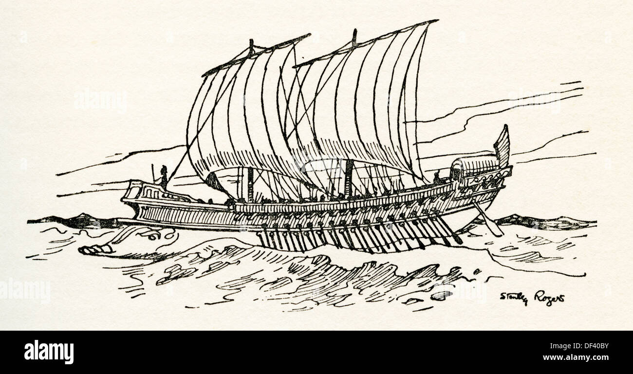 Un Grec Bireme, ancienne oared navire de guerre, ou à bord, avec deux ponts d'avirons. De La Romance du navire marchand, publié en 1931. Banque D'Images