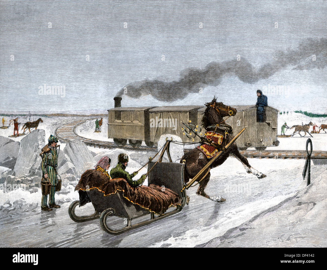 Chemin de fer sur la glace du fleuve Saint-Laurent, Canada, 1880. À la main, gravure sur bois Banque D'Images