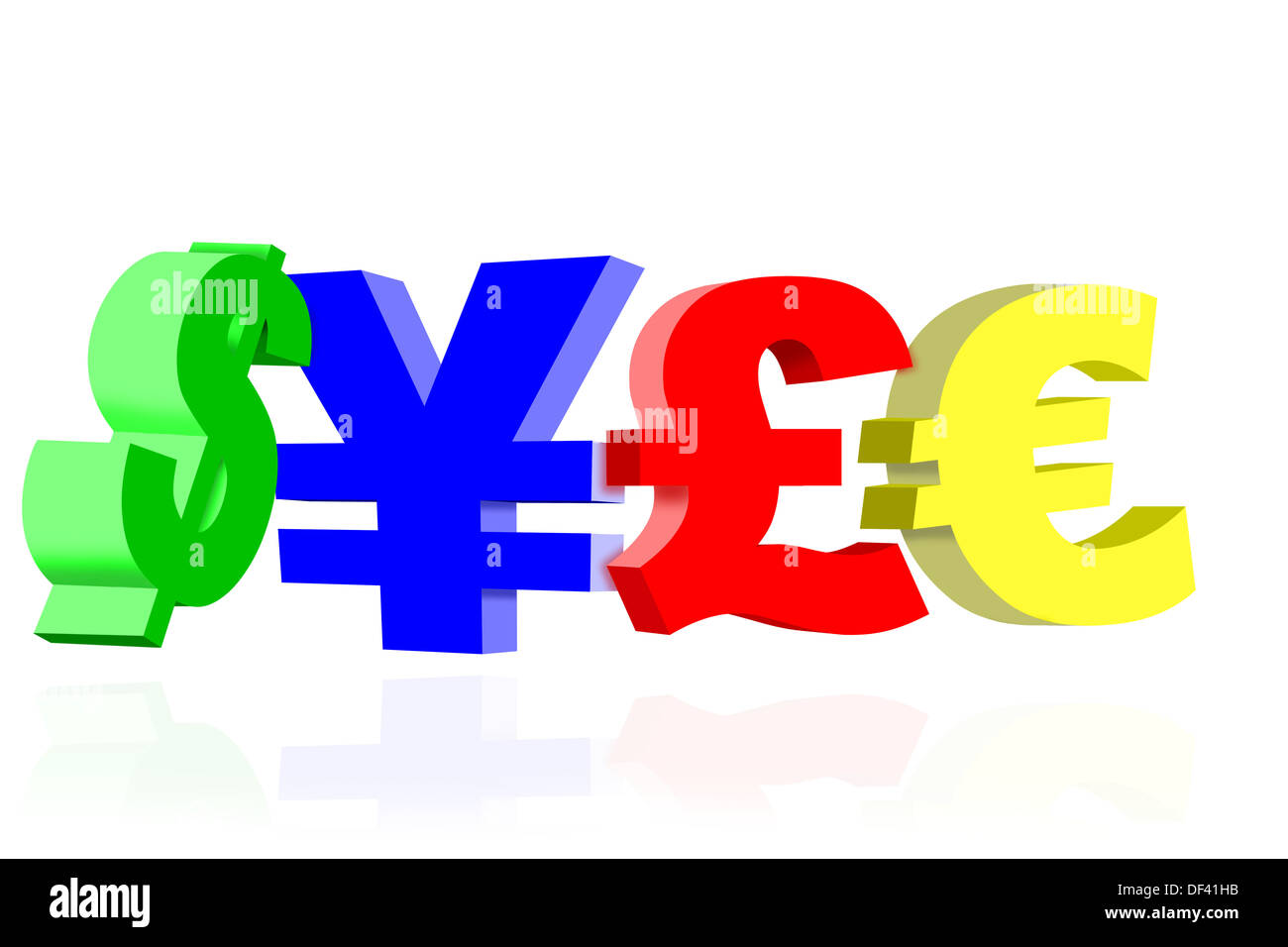 Symboles de devises internationales. Dollar, yen, livre sterling et l'Euro. Isolé sur un fond blanc. Banque D'Images