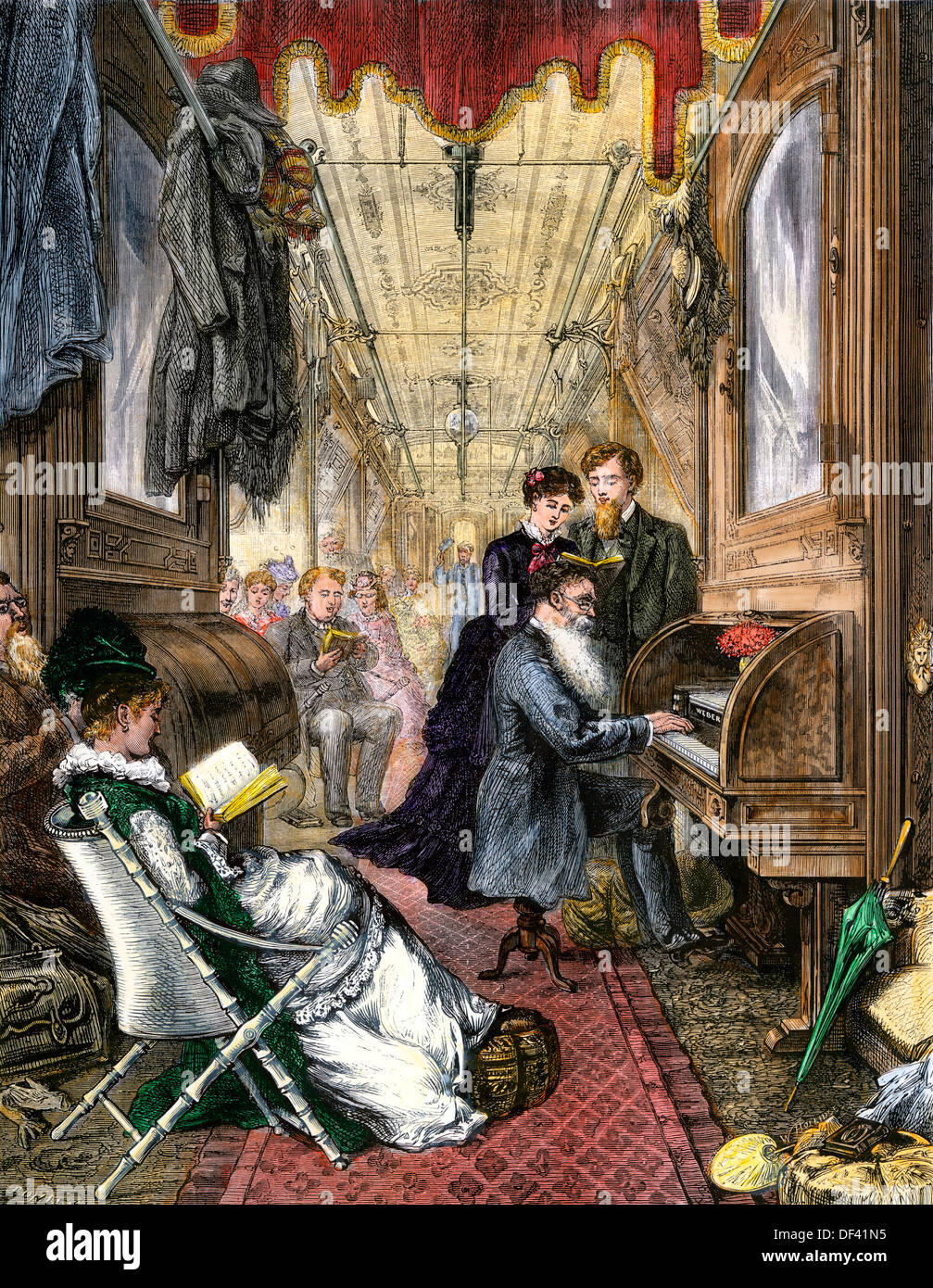 Le culte du dimanche à bord de l'Union Pacific Railroad, 1870. À la main, gravure sur bois Banque D'Images