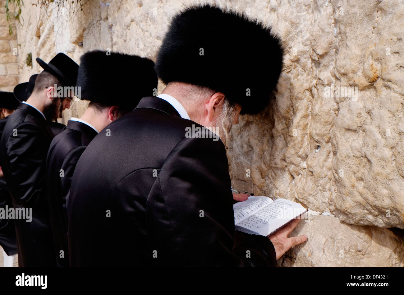 Les Juifs hassidiques portant un chapeau de fourrure shtreimel portés par  de nombreux hommes mariés communauté juive, le chabbat et les fêtes juives  priant au Mur Occidental ou Kotel aussi Mur des